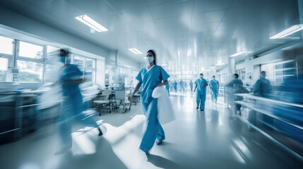 Long exposure blurred motion of medical doctors and nurses in a hospital.