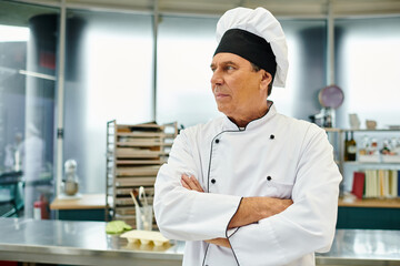 handsome mature chief cook in white hat posing with arms crossed on chest and looking away