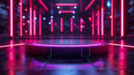 Neon podium with gaming background, mockup display stand for product presentation  - obrazy, fototapety, plakaty