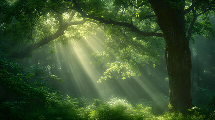 Fototapeta na wymiar Ethereal Sunbeams Filtering Through Misty Forest Canopy