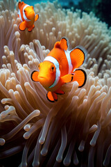 Orange clown fishs swimming in a sea anemone.