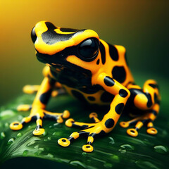 Obraz premium Poisonous yellow frog from tropical regions, Dendrobates leucomelas. AI generated