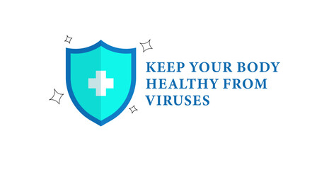 Shield and virus. Human body defense. Banner about keeping your body healthy from dangerous viruses. body protection