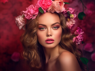 Beautiful young woman model with luxury long hair. Professional Make up. Fashion promotion and hair style inspiration. Girl, with wreath of roses on her head, Beauty Model on the floral background