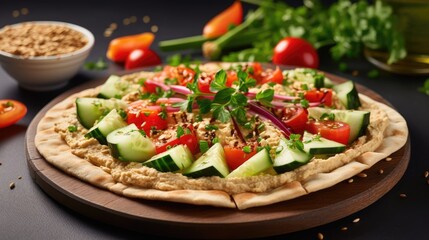 Traditional Hummus Served With Fresh Vegetables and Pita Bread on a Sleek Table