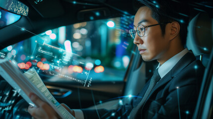 Japanese male businessman with an expensive car reads documents in a car that drives on autopilot without human assistance. Autopilot in a car. - obrazy, fototapety, plakaty