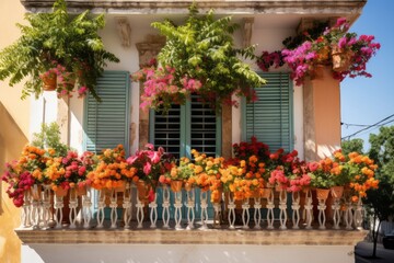Fototapeta na wymiar Colorful different flowers in pots on balcony or terrace, bright balcony with flowers