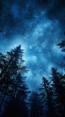 Naklejka premium Night landscape with trees and bright starry sky with galaxies and stars