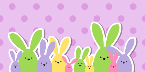 Celebration Greeting Easter card, colorful easter bunny family on polka dot background
