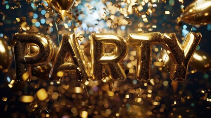 the chic arrangement of the word "PARTY" in golden balloons letters on an abstract background of festive golden elements, creating a stylish and glamorous ambiance