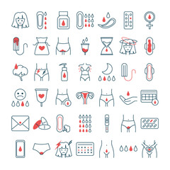 Set of menstruation period icons. Various feminine hygiene products, menstrual protection elements. Tampons, reusable pads, panties, menses emotional mood. Isolated flat vector illustration - obrazy, fototapety, plakaty