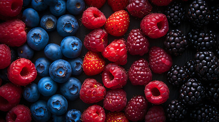  a picture of different berries stacked in - obrazy, fototapety, plakaty