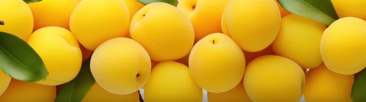 The image shows a close-up of several ripe yellow plums, showing off their vibrant color and texture. The plums are arranged in a row and placed on a wooden surface. Additionally, there are a few gree