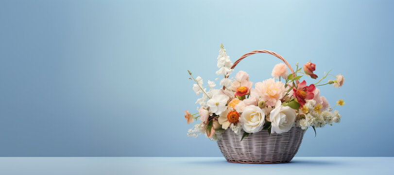 basket of flowers on a blue background. generative ai