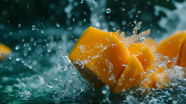  a piece of a mango being sucked into water with splas