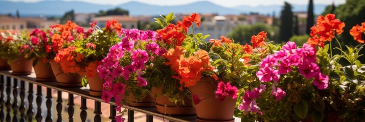 Fototapeta na wymiar Summer flowers on the balcony or terrace, flowers in pots, home decoration with flowers, banner