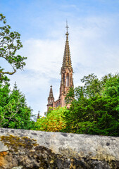 Detail of the tower of the Gothic Neo-church, Palacio Sobrellano, Comillas, Cantabria, Spain
