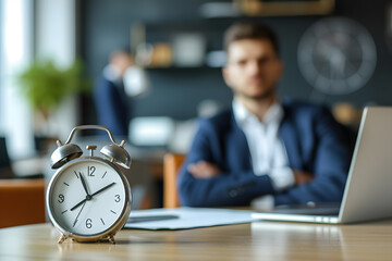 Time is money! Photo of clock and alarm clock indicating the time against the background of  businessman in suit. Business concept