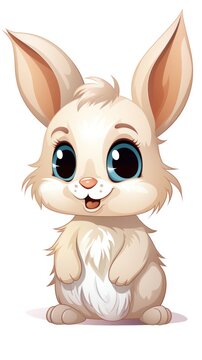 A cute, plump white bunny with big blue eyes and pink ears.