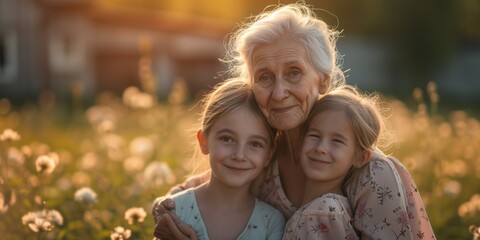 Grandmother with Granddaughters Smiling Together