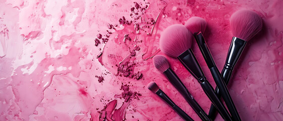  a pink background with makeup brushes in - obrazy, fototapety, plakaty