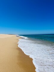 Blue seascape, sandy sea coastline, empty wild beach, pure blue sky, sea horizon