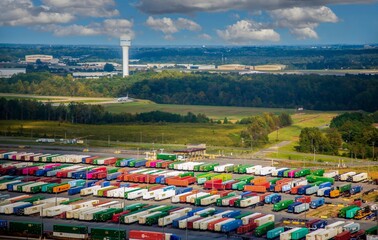 Atlanta, Georgia - 10/20/2018:  An aerial view of a  container storage area adjacent to the...