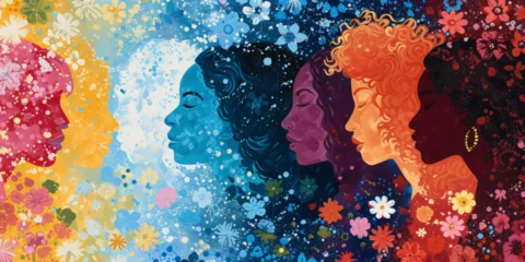 Fotobehang Illustration pop art, bannière, texture ou arrière-plan représentant le féminisme, la journée de la fierté et la communauté LGBT avec des personnes diverses. © RemsH