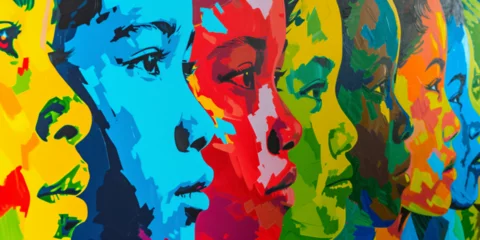 Fotobehang Illustration pop art, bannière, texture ou arrière-plan représentant le féminisme, la journée de la fierté et la communauté LGBT avec des personnes diverses. © RemsH