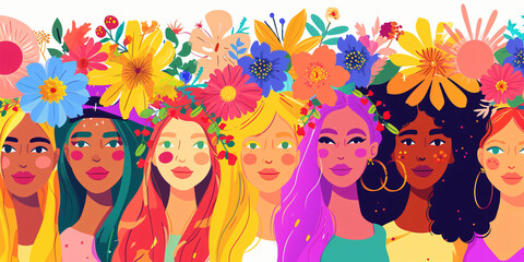 Obraz premium Illustration pop art, bannière, texture ou arrière-plan représentant le féminisme, la journée de la fierté et la communauté LGBT avec des personnes diverses.