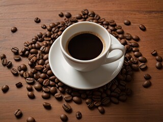Naklejka premium A coffee cup and coffee beans scattered around