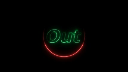 Red color circle neon glowing turquoise color text Out on the black background 4k illustration.