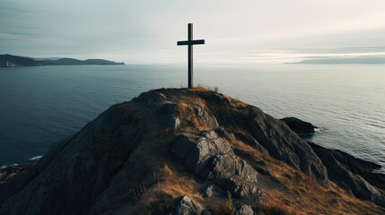 Cross in mountain, Christian symbol on cliff. Concept of the search for faith. AI generated - obrazy, fototapety, plakaty