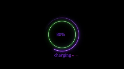 Charging icon magenta color circle loading bar illustration. Black background glowing neon light circle green 4k illustration.