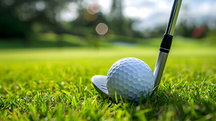 Close up of golf ball and golf club on green golf grass field.