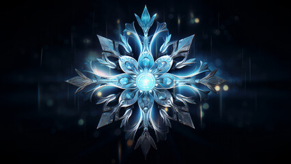 Glowing snowflake winter snow star pattern design on dark blue background. Winter decoration concept