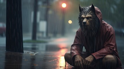 Sad werewolf in the rain - obrazy, fototapety, plakaty