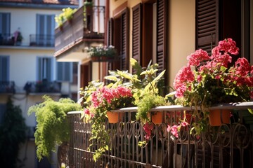 Colorful different flowers in pots on balcony or terrace, bright balcony with flowers