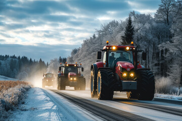 Row of tractors drives along the road, surrounded by snow-covered fields. Agricultural workers go...