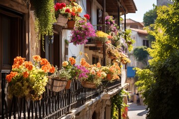 Colorful different flowers in pots on balcony or terrace, bright balcony with flowers - obrazy, fototapety, plakaty