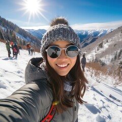Fototapeta na wymiar Young woman taking selfie on ice mountain
