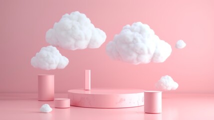 3d render, minimal digital illustration. White clouds floating above the round podium, empty stage, cylinder pedestal steps. Objects isolated inside pink room, modern fashion concept