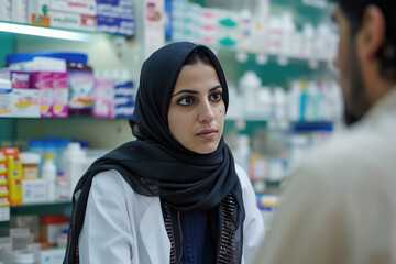 Farmacéutica musulmana con la cabeza cubierta con un hiyab atendiendo a un paciente o cliente en una farmacia. - obrazy, fototapety, plakaty