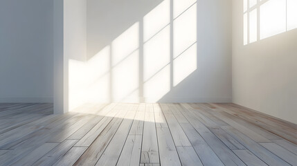 Empty room with white walls and large windows and wooden floor. Lots of sunshine