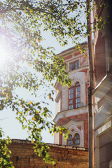 Fototapeta premium The windows of the old building are visible through the leaves of the tree