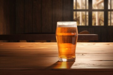 A glass of beer on a wooden table at night, A glass of beer on a Wooden table, backdrop bar beverages blurred view table wooden background beer counter,  Ai generated