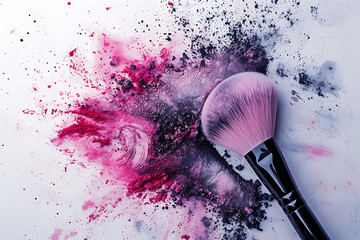  a powder makeup brush with pinkblue splats on a white