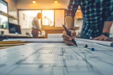 Close-up photo of architect with pen in hand, working on plan and drawing of building. Construction business concept - obrazy, fototapety, plakaty