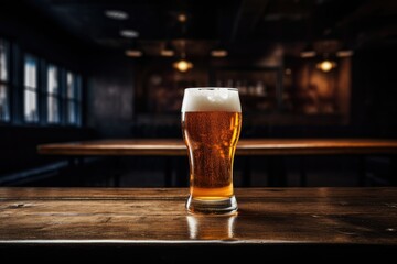 Fototapeta na wymiar A glass of beer on a wooden table at night, A glass of beer on a Wooden table, backdrop bar beverages blurred view table wooden background beer counter, Ai generated