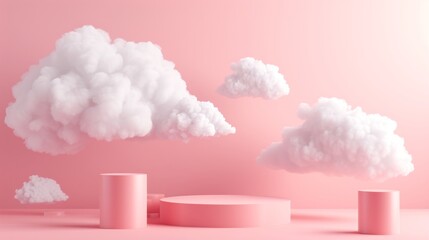 3d render, minimal digital illustration. White clouds floating above the round podium, empty stage, cylinder pedestal steps. Objects isolated inside pink room, modern fashion concept